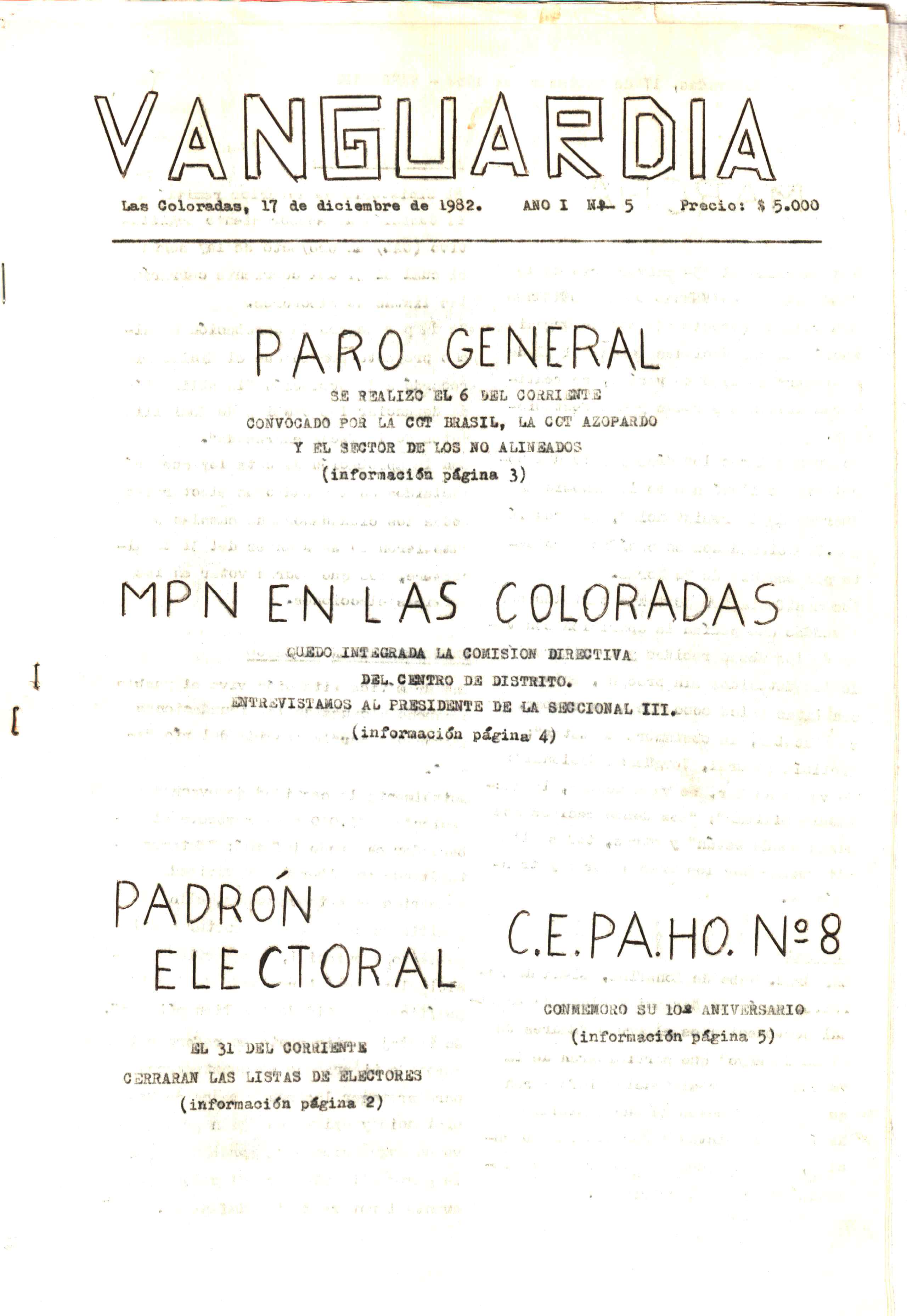 Vanguardia N° 5 – página 1